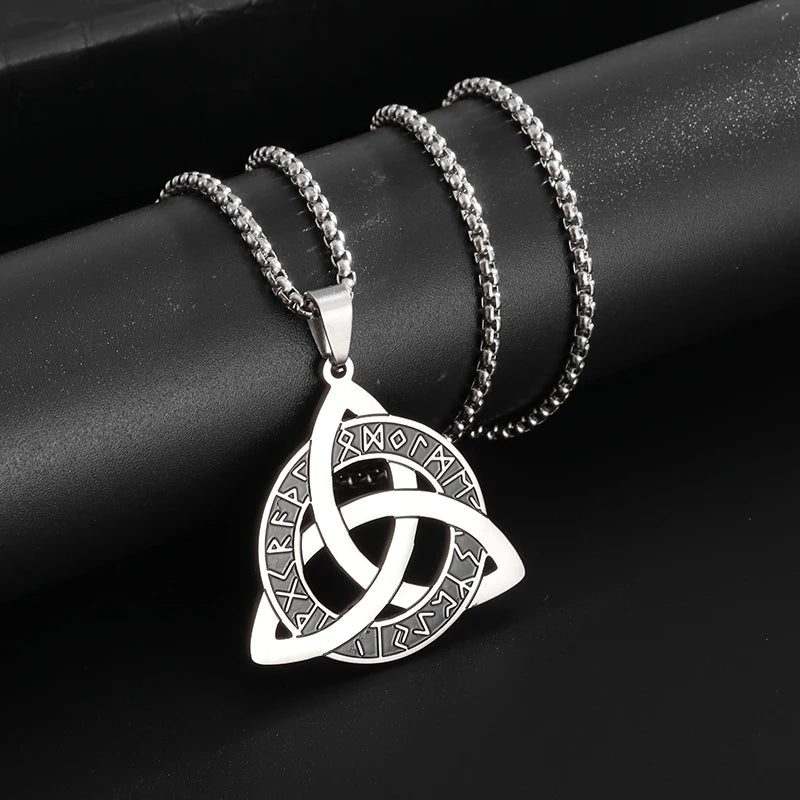 Stainless Steel Trinity Celtic Knot Nordic Rune Pendant Necklace Retro Ethnic Style Irish Knot Lucky Amulet Jewelry for