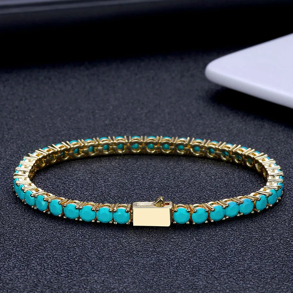 Gold Tennis Bracelet Blue Turquoise 4MM 18K