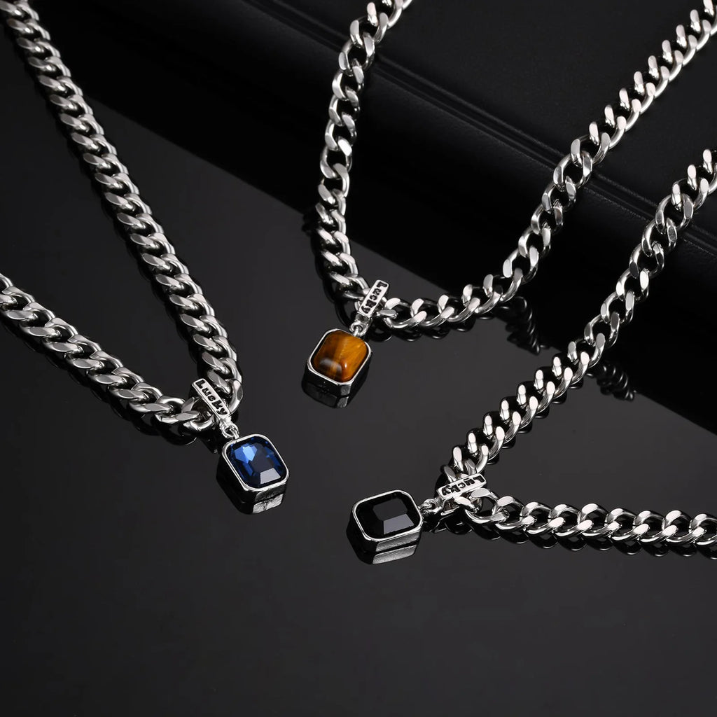 Cuban Stone Square Pendant Necklace — Stainless Steel