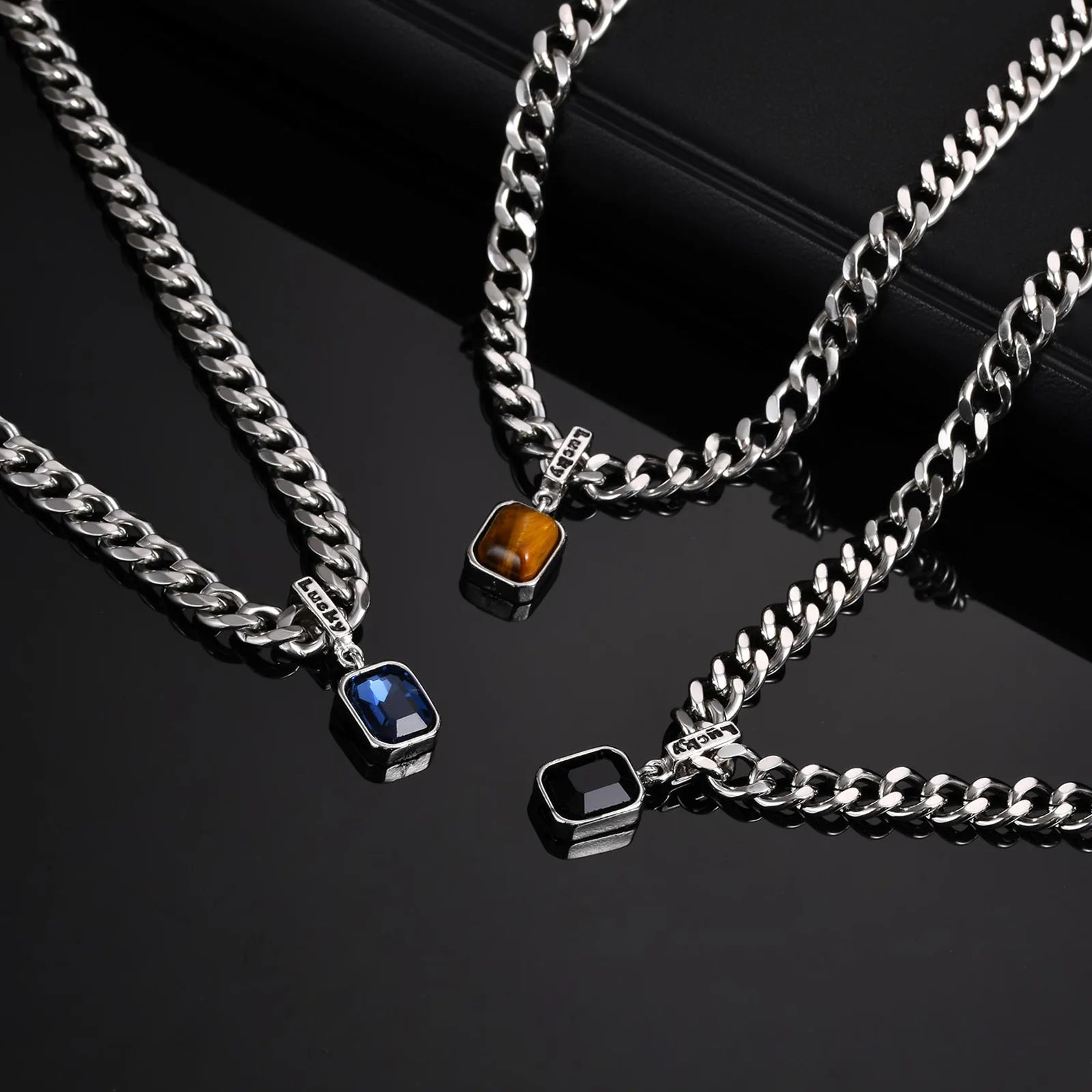 Cuban Stone Square Pendant Necklace — Stainless Steel