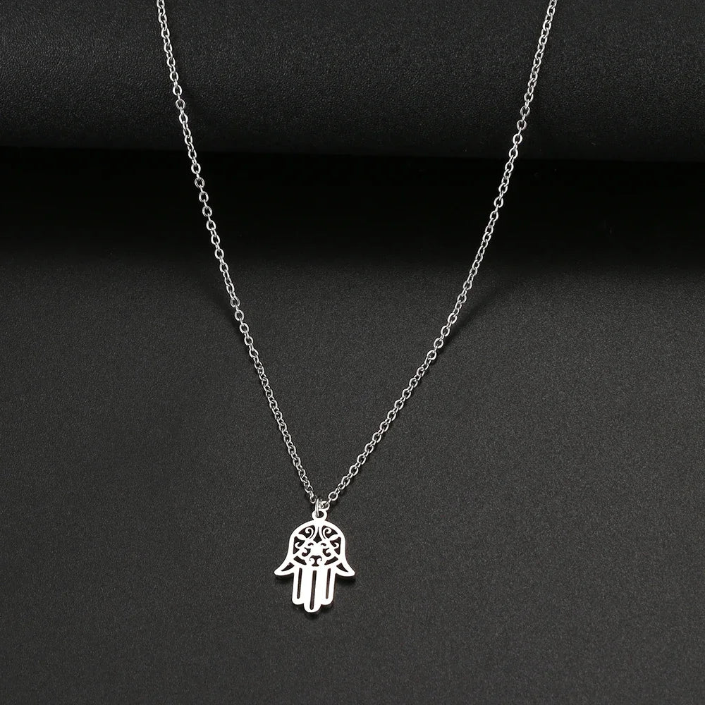 Vintage Hamsa Fatima Hand Pendant Natural Stone Evil Eye Necklace for Women Men Unisex Hollow Creative Clavicle Choker Jewelry