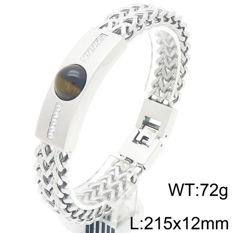 Classic Men's Bracelet With Tiger Eye Stone 12MM Width Gold Color Stainless Steel Link Chain Bracelets for Man Jewelry