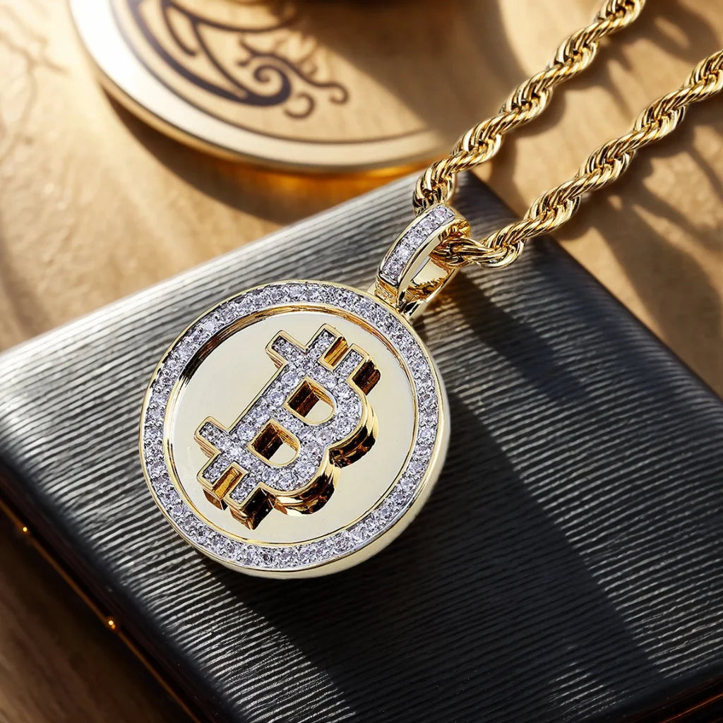 Gold Iced Out Bitcoin Pendant Necklace CZ