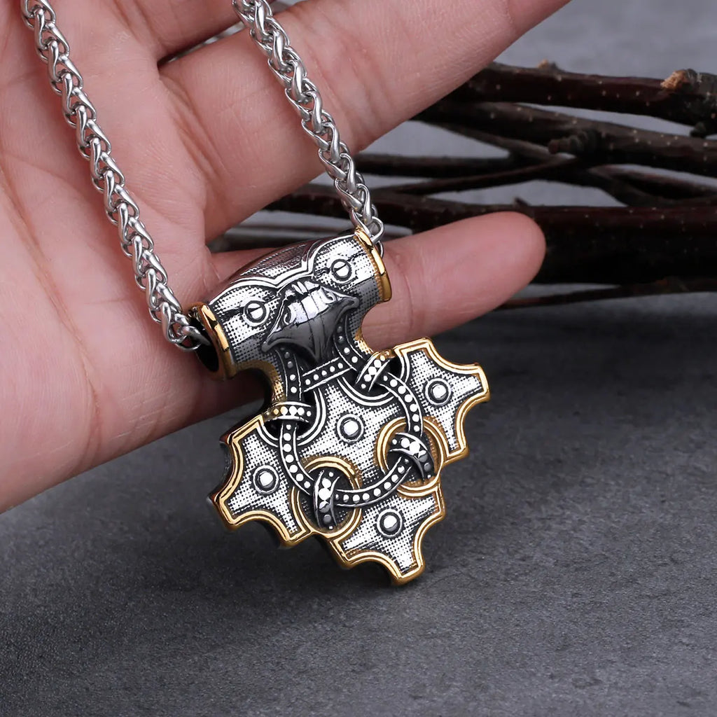 Vintage Viking Odin Raven Mjolnir Thor's Hammer Necklace Men Stainless Steel Hip Hop Biker Amulet Pendant Necklace Gift