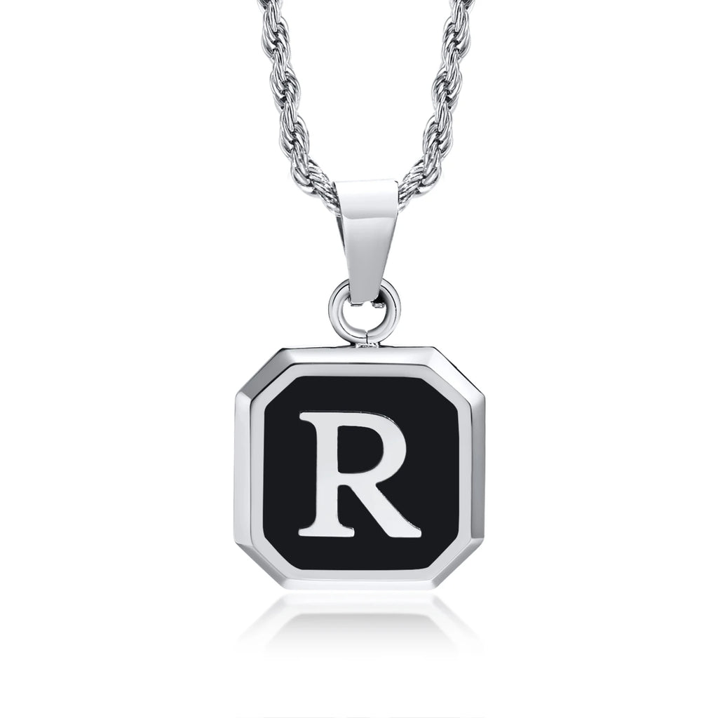 Initials Necklaces for Men Women,A-Z 26 Letters Black Square Stainless Steel Pendant Collar,45-60CM Twisted Rope Chain