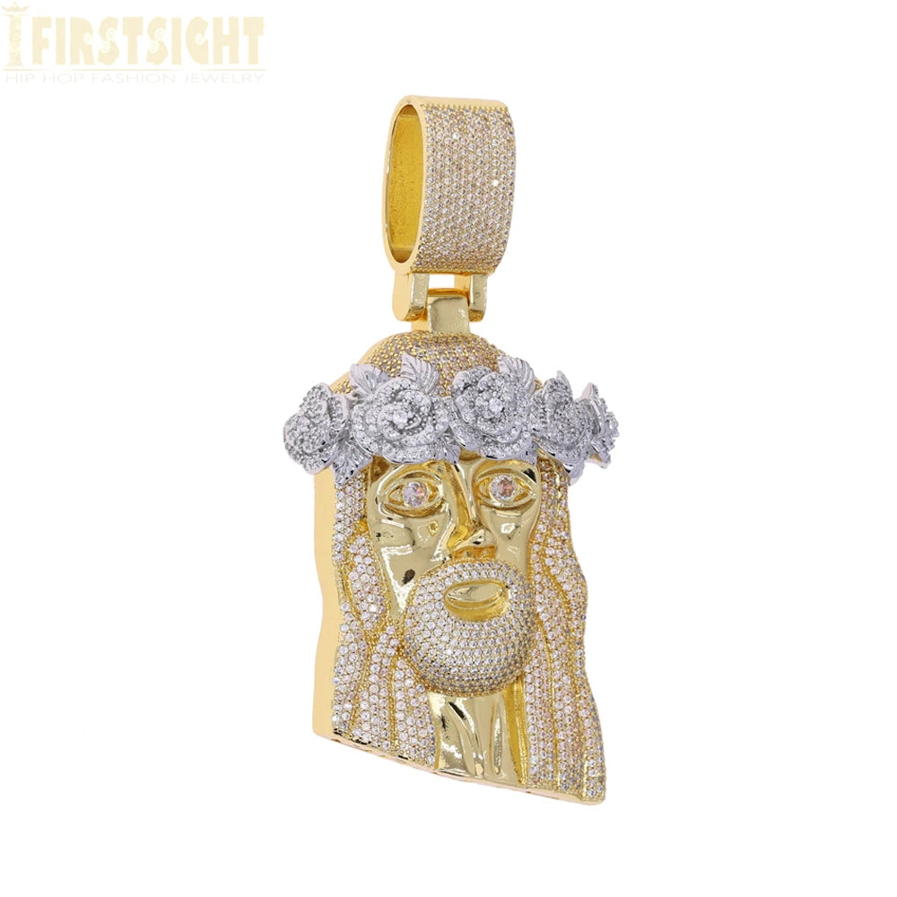 Iced Out Rose Flower Jesus Head Pendant Necklace Two Tone Color CZ Zircon Faith Charm Men Women Hip Hop Fashion Rock