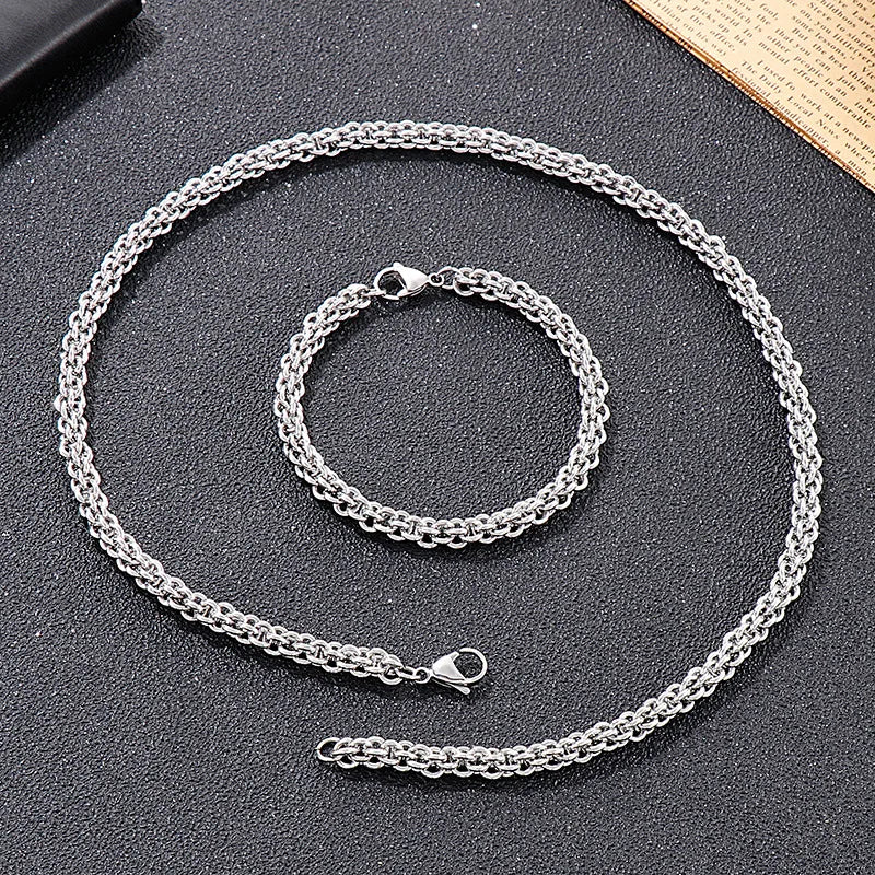New Hip Hop Cable Link Chain Bracelet Necklace Set Men Women Vacation Choker Vintage Aestethic Kpop Stainless Steel Jewelry