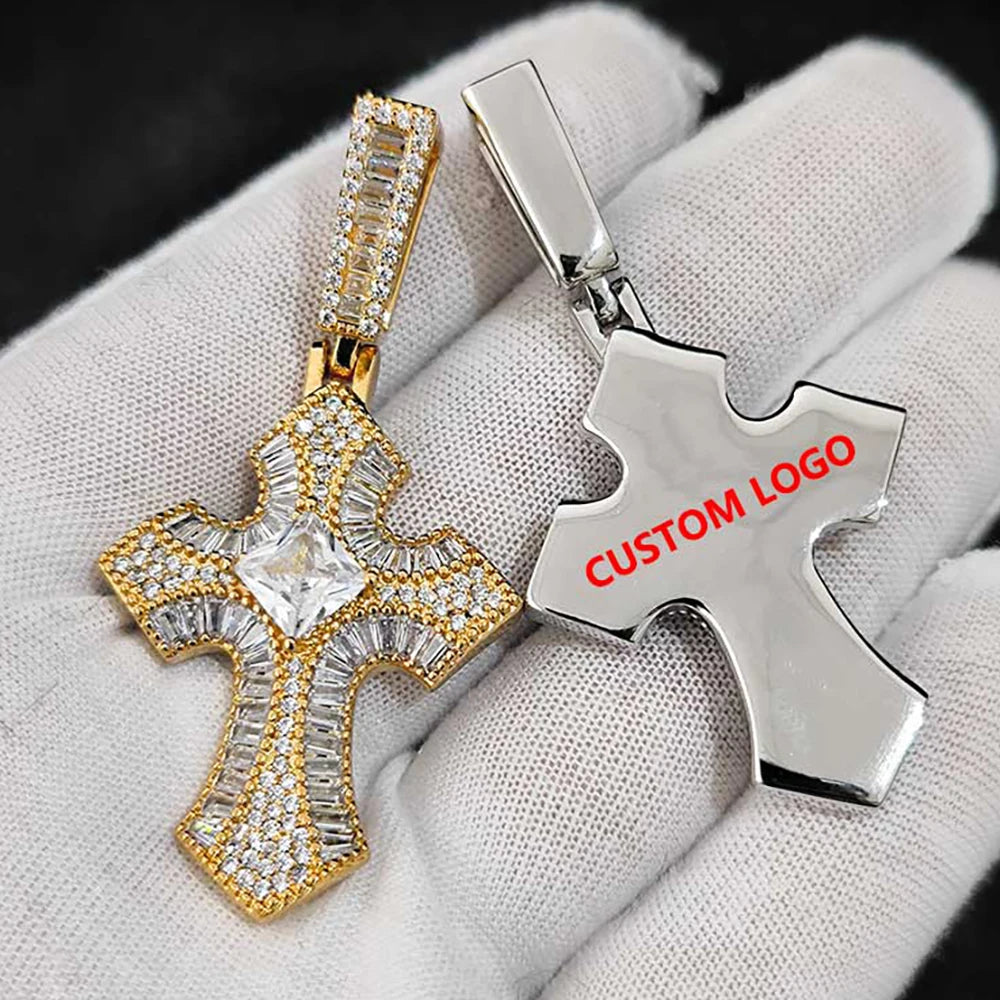 Iced Out Cross Pendant Necklace CZ Rectangle