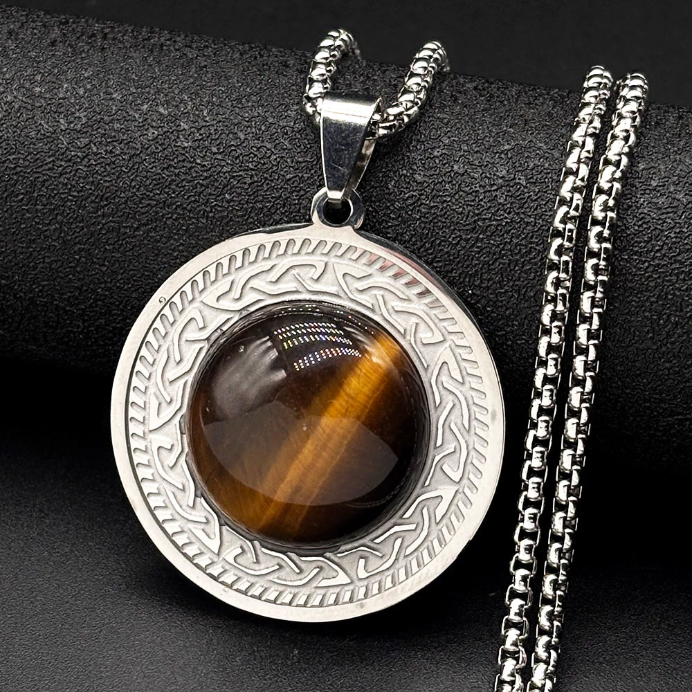 Celtic Knot Tiger Eye Pendant Necklace — Gold-Tone