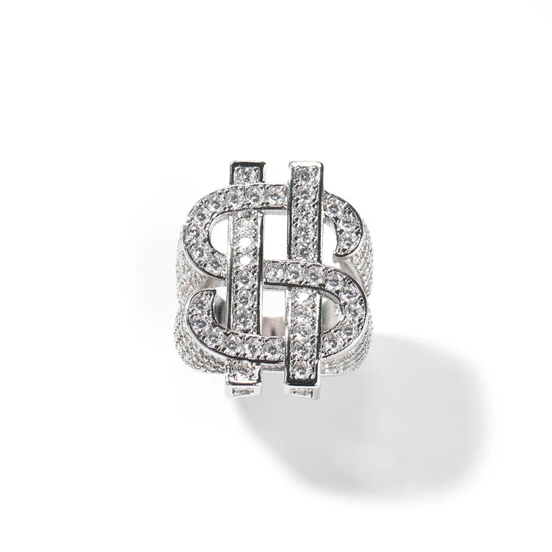 Iced Out Dollar Sign Ring for Men — Two-Tone CZ Pave