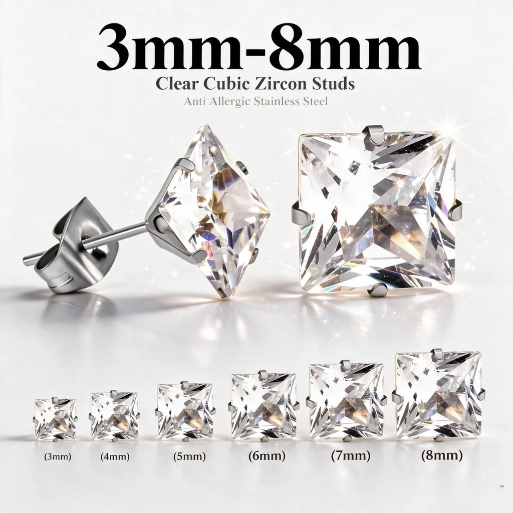 LUXUKISSKIDS Brilliant Square Stud Earrings 10pairs/Lot Novel Clearly Large 3A Cubic Zirconia Stainless Steel Wholesale