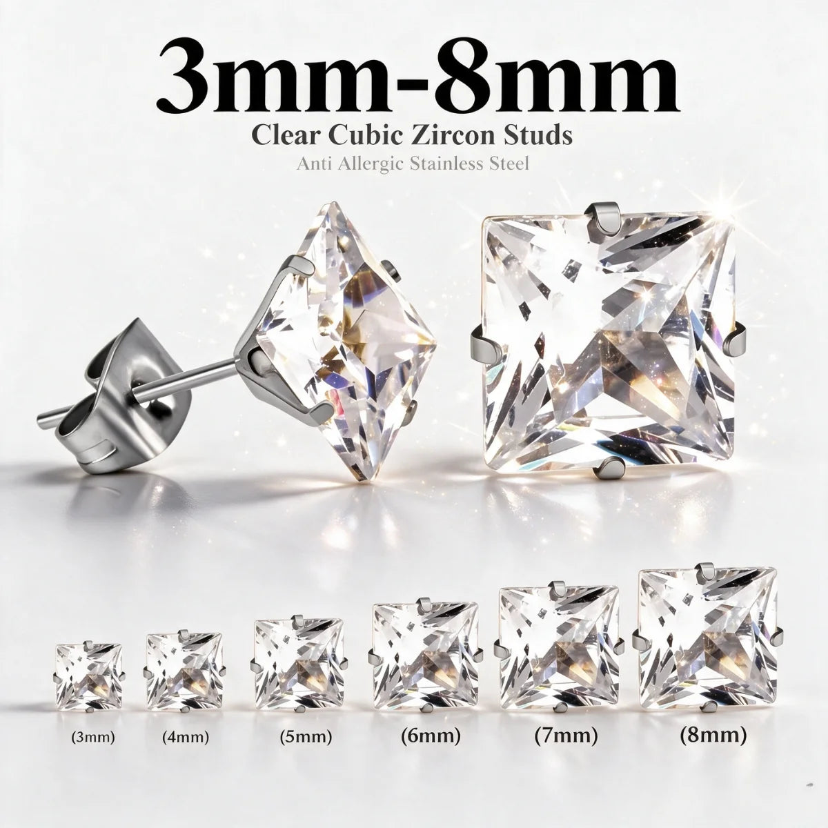 LUXUKISSKIDS Brilliant Square Stud Earrings 10pairs/Lot Novel Clearly Large 3A Cubic Zirconia Stainless Steel Wholesale