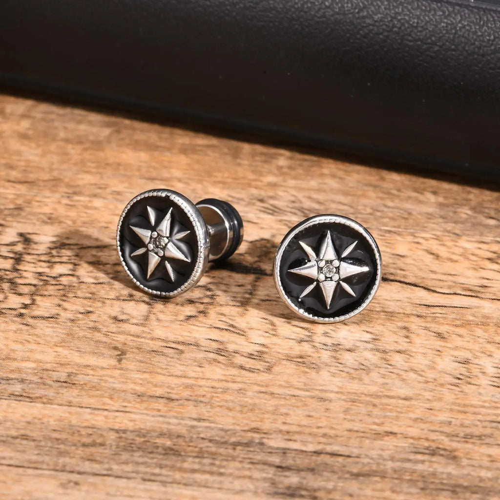 Iced Out Compass Star Stud Earrings — Stainless Steel