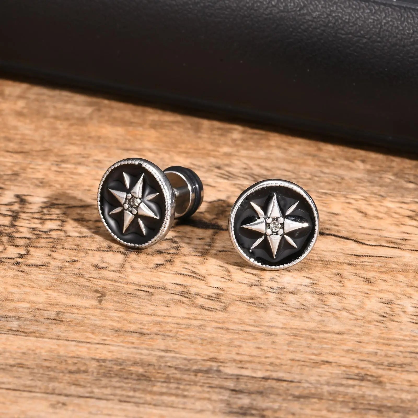 Iced Out Compass Star Stud Earrings — Stainless Steel