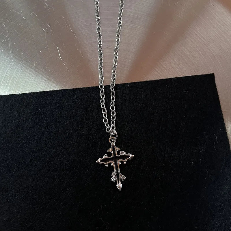 Silver Black Cross Pendant Necklace Vintage Carved