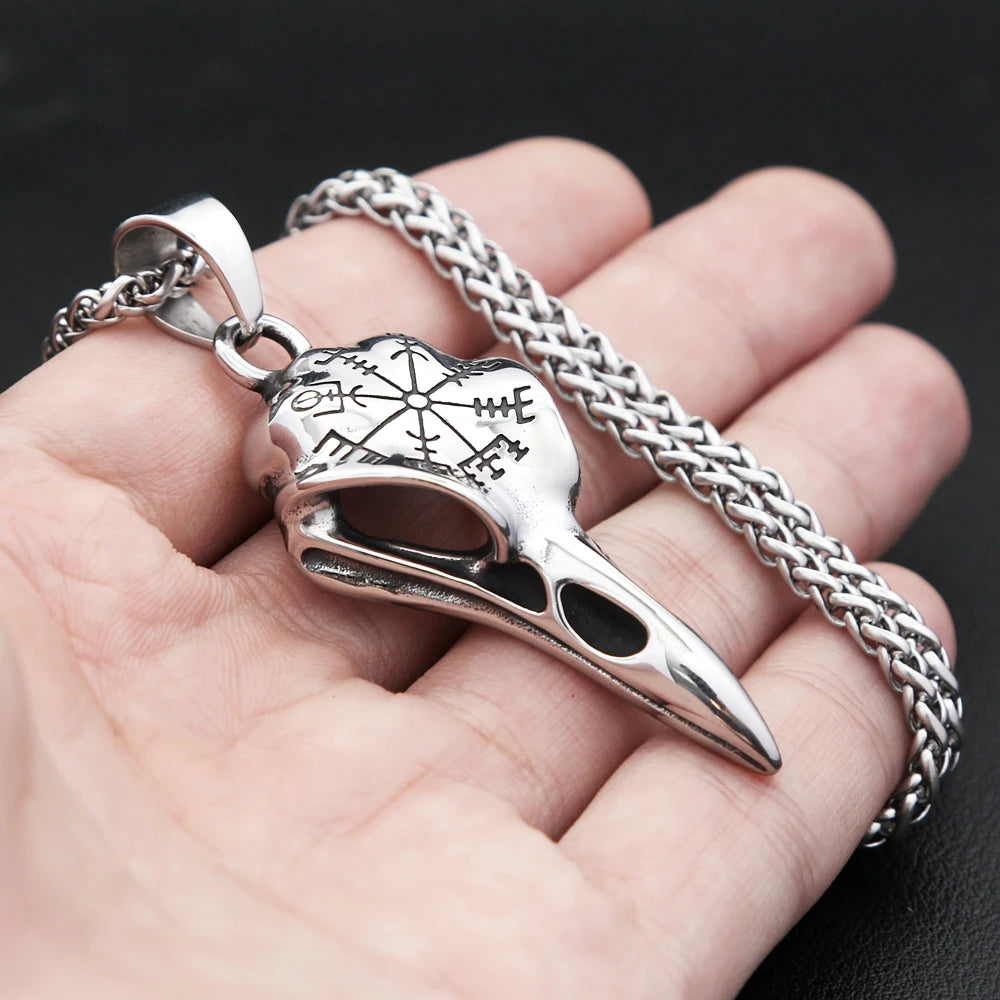 Vintage Fashion Vikings Compass Crow Head Pendant Necklace For Men Stainless Steel Nordic Animal Skull Necklaces Biker
