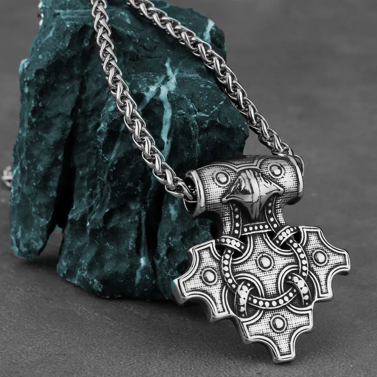 Men's Domineering Stainless Steel Raven Thor's Hammer Pendant Necklace Retro Viking Fashion Jewelry Necklace