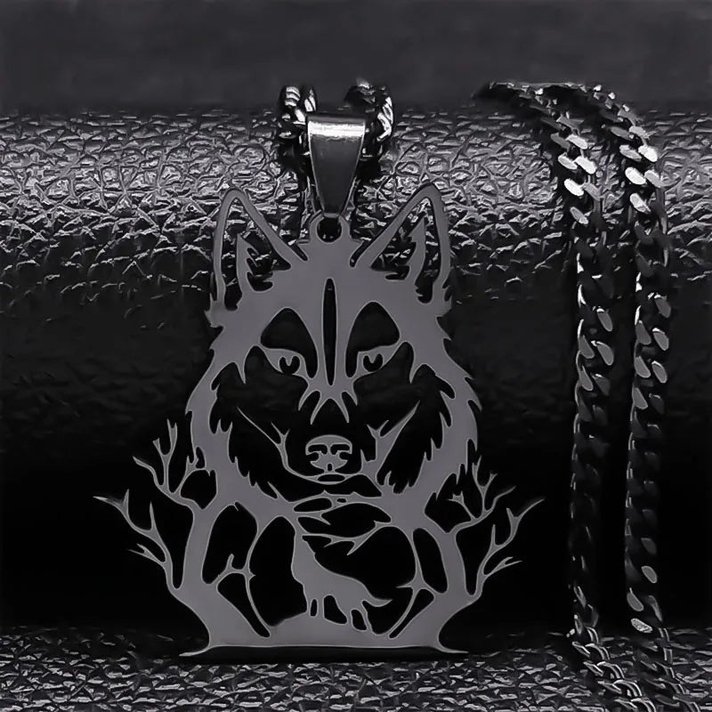 Goth Full Moon Wolf Head Pendant Necklace Women Men Black Color Forest Tree Hollow Animal Necklaces Jewelry Party Gifts