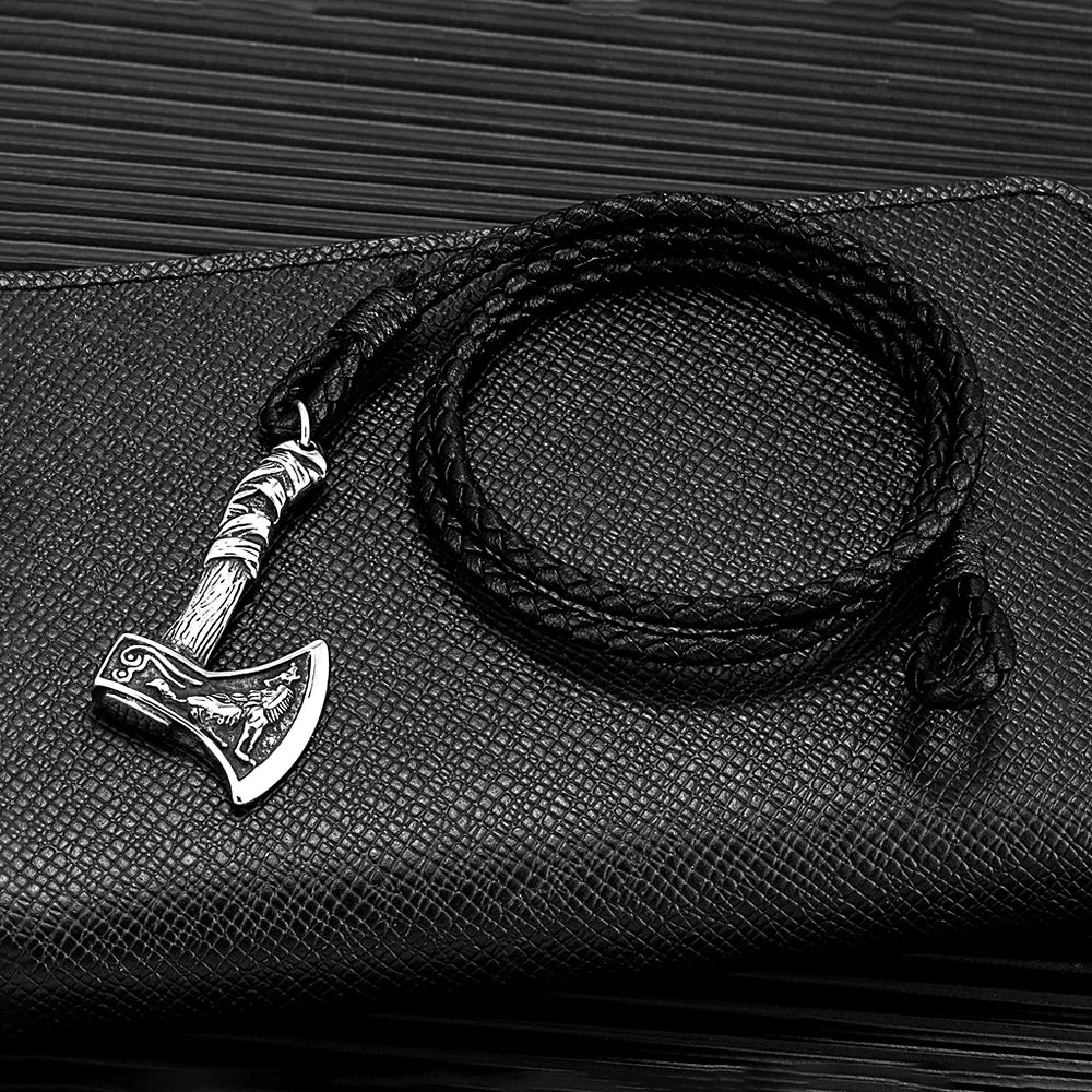 Wolf Viking Steel Bracelet Axe Leather Handmade