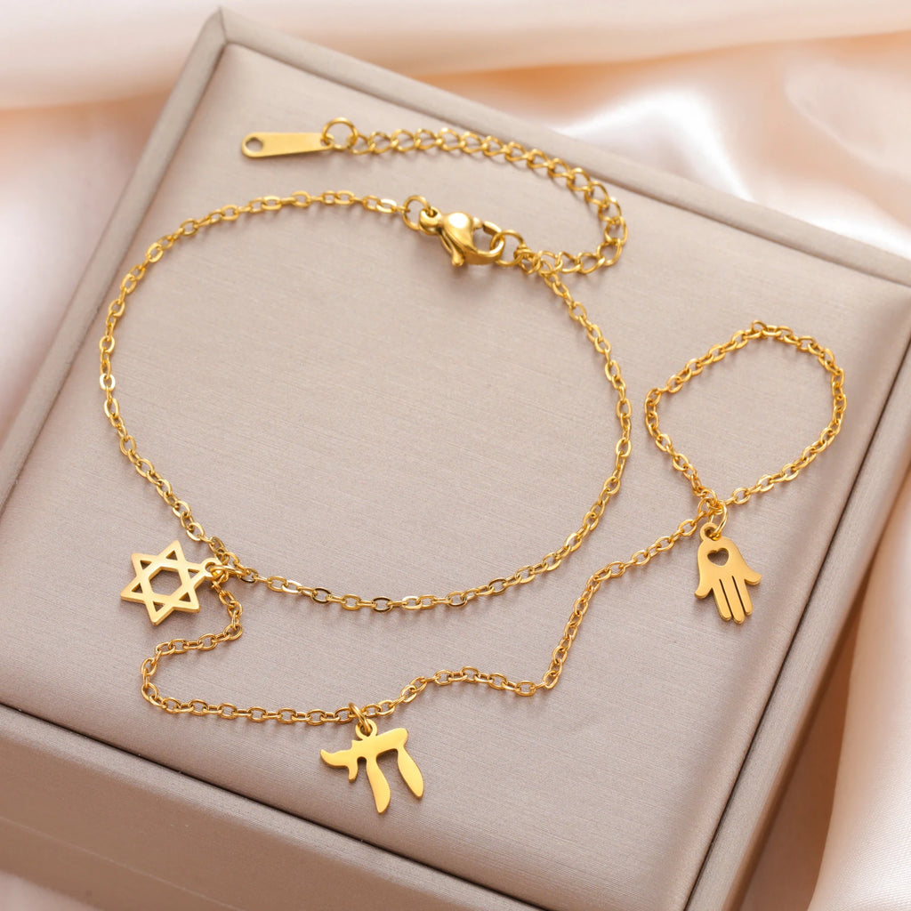 Chai Hexagram Charms Bracelet Finger Ring Fatima Hamasa Hand Pendants Stainless Steel Adjustable Chain Lucky Jewelry Amulet Gift