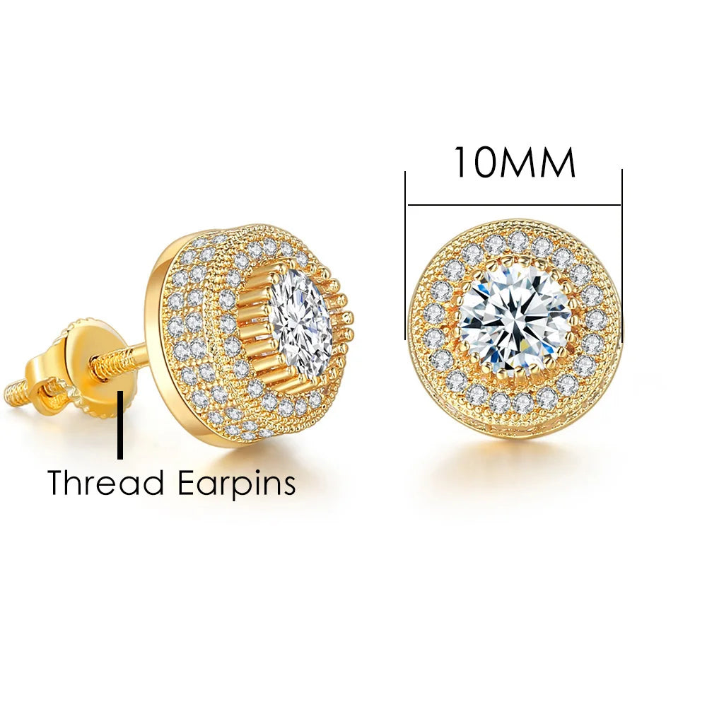 Iced Out Round Square Stud Earrings — Gold