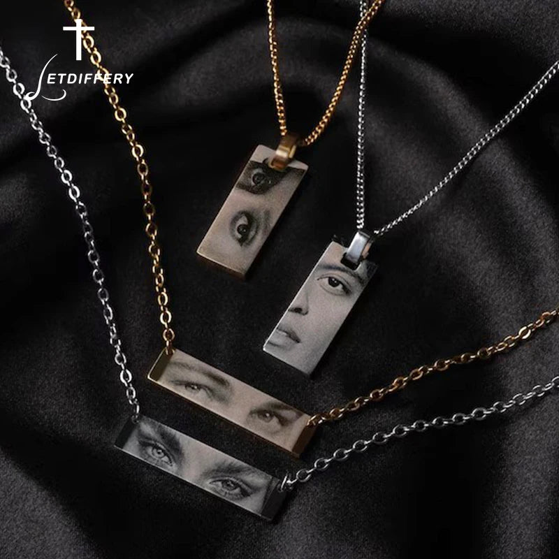 Letdiffery Custom Engraved Eyes Necklaces for Women Men Stainless Sreel Laser Carve Photo Names Square Pendant Jewelry