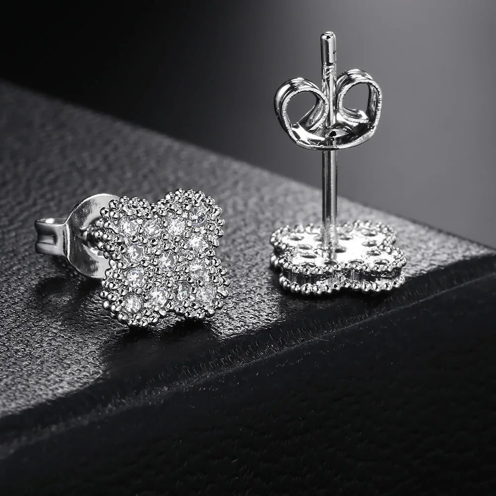 Silver Iced Out Four Leaf Clover Stud Earrings