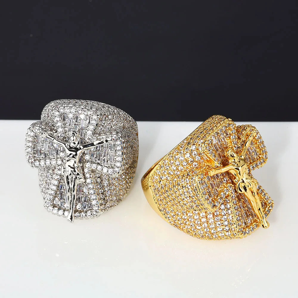 Iced Out Cross Jesus Ring Stainless Steel CZ
