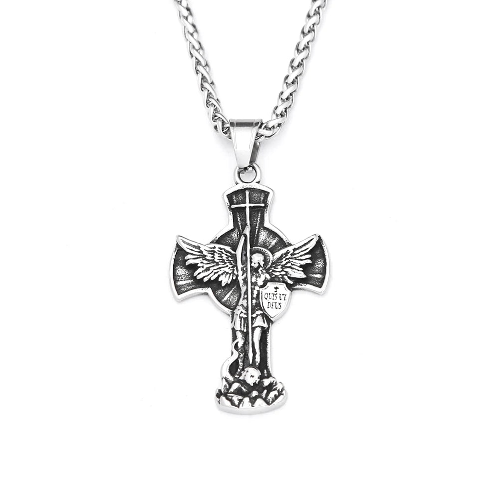 Archangel Wing Cross Stainless Steel Pendant Necklace