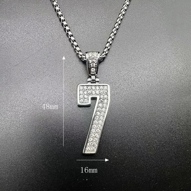 Stainless Steel Titanium Hip Hop Number 7 Bling Iced Out Pendant Collar Chain Necklace for Men Women Couple Gift