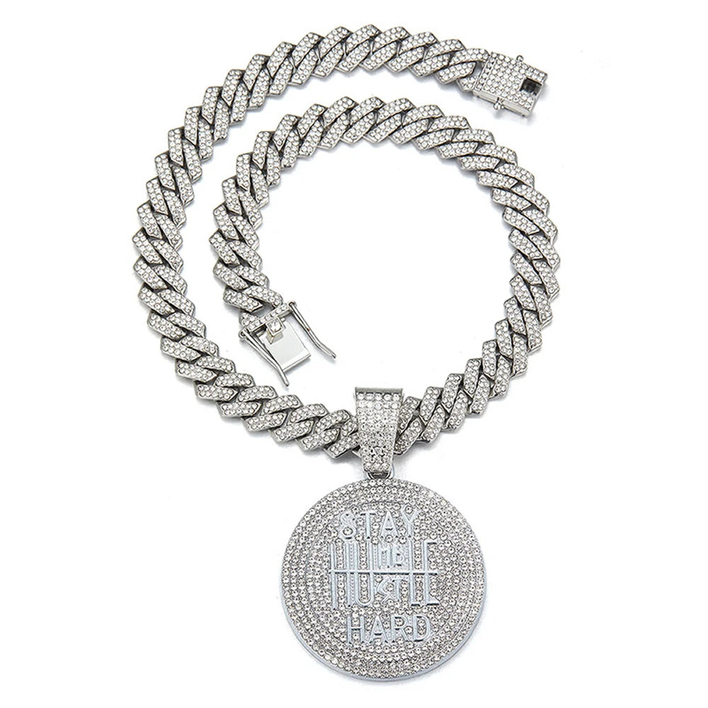 Hip Hop STAY HARD Letter Pendant Cuban Chain Necklace Punk Gold Color Iced Out Bling Necklaces Fashion Charm Men Women