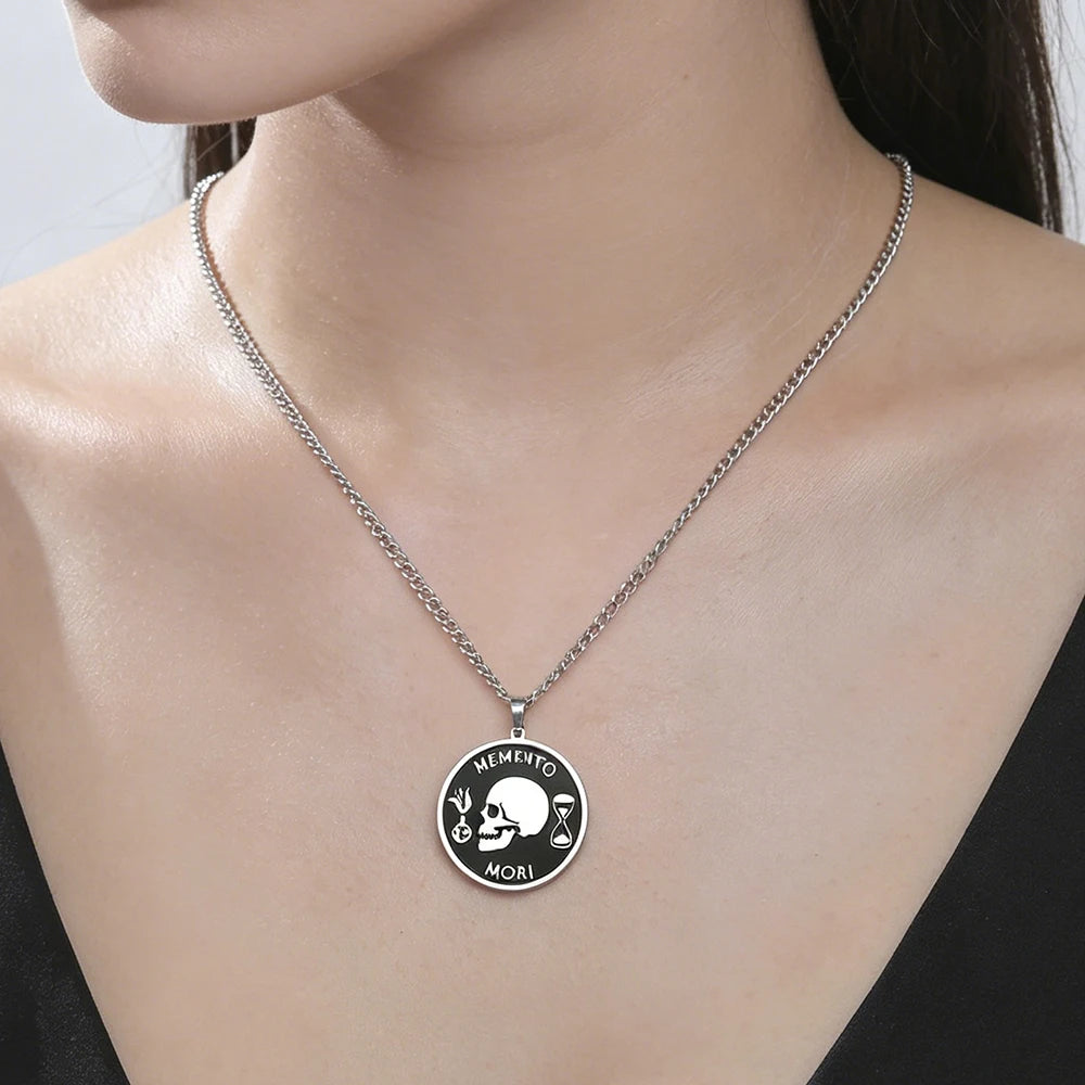 Memento Mori Stoic Pendant Necklace for Men Women Double Sided Engraved Stainless Steel Chain Motivational Stoicism