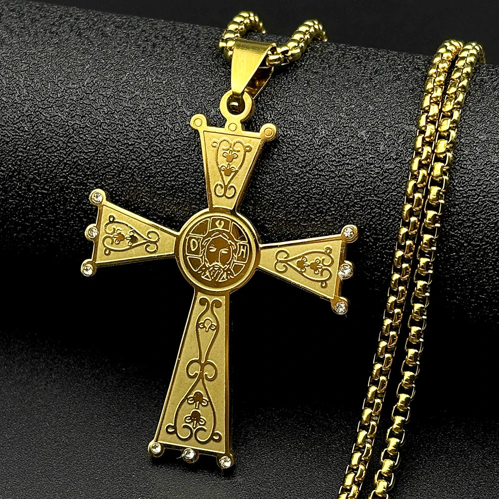 Christian Baroque Style Jesus Cross Pendant Necklace for Women Men Stainless Steel Gold Color Rhinestone Holy Pray