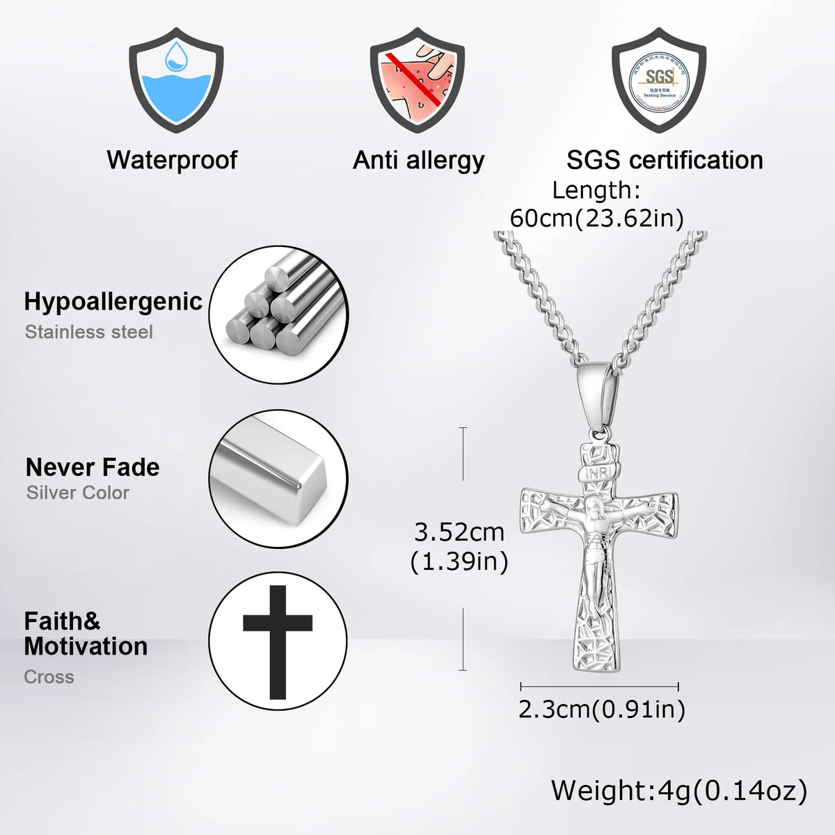 Vintage Jesus Cross Pendant Necklace for Men — Stainless Steel