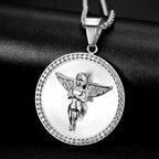Iced Out Big Angel Round Pendant Necklace — Gold, Stainless Steel