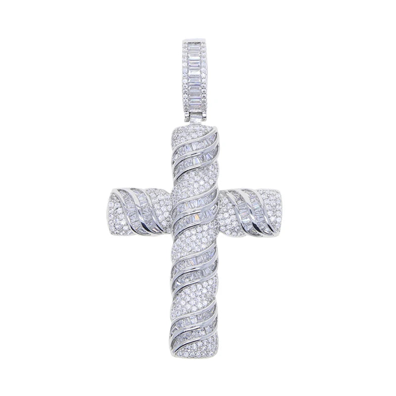 New Iced Out Bling CZ Cross Pendant Necklace Silver Color Prong Setting Cubic Zirconia Jesus Charm Men Women Hip Hop