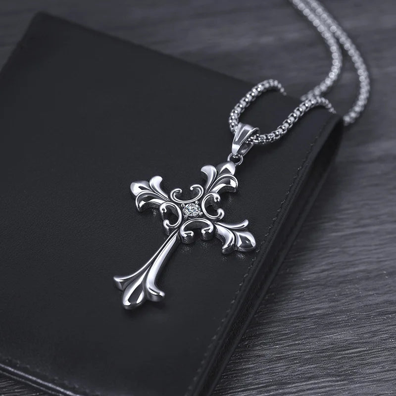 Gothic Style Retro Rhinestone Cross Stainless Steel Pendant ins Hip-Hop Men's Fashion Personality Versatile Necklace