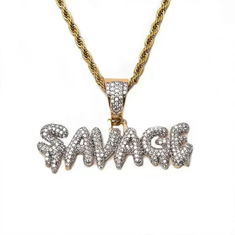 Bling Iced Out Savage Pendant Cubic Zirconia Letter Necklace for Men Women Hip Hop Rock Rap Party Jewelry