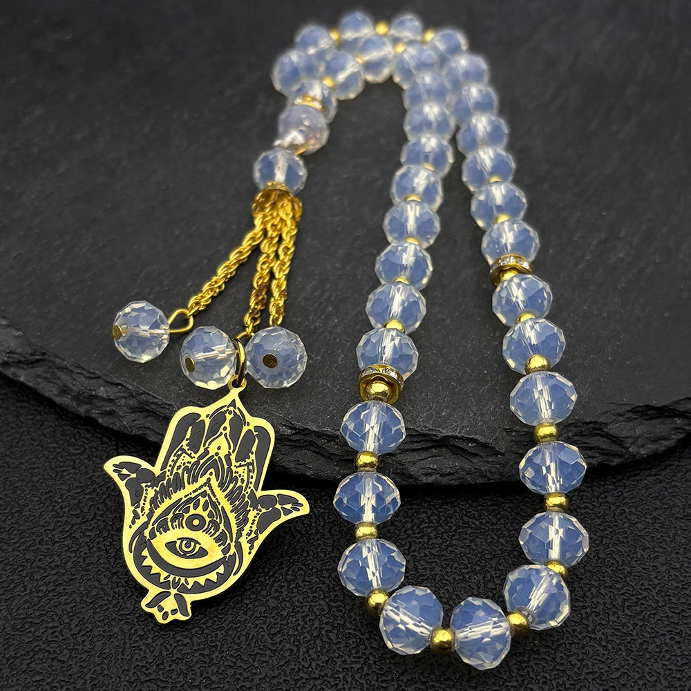 Hamsa Hand Evil Eye Lotus Pendant Necklace — Gold-Tone Steel