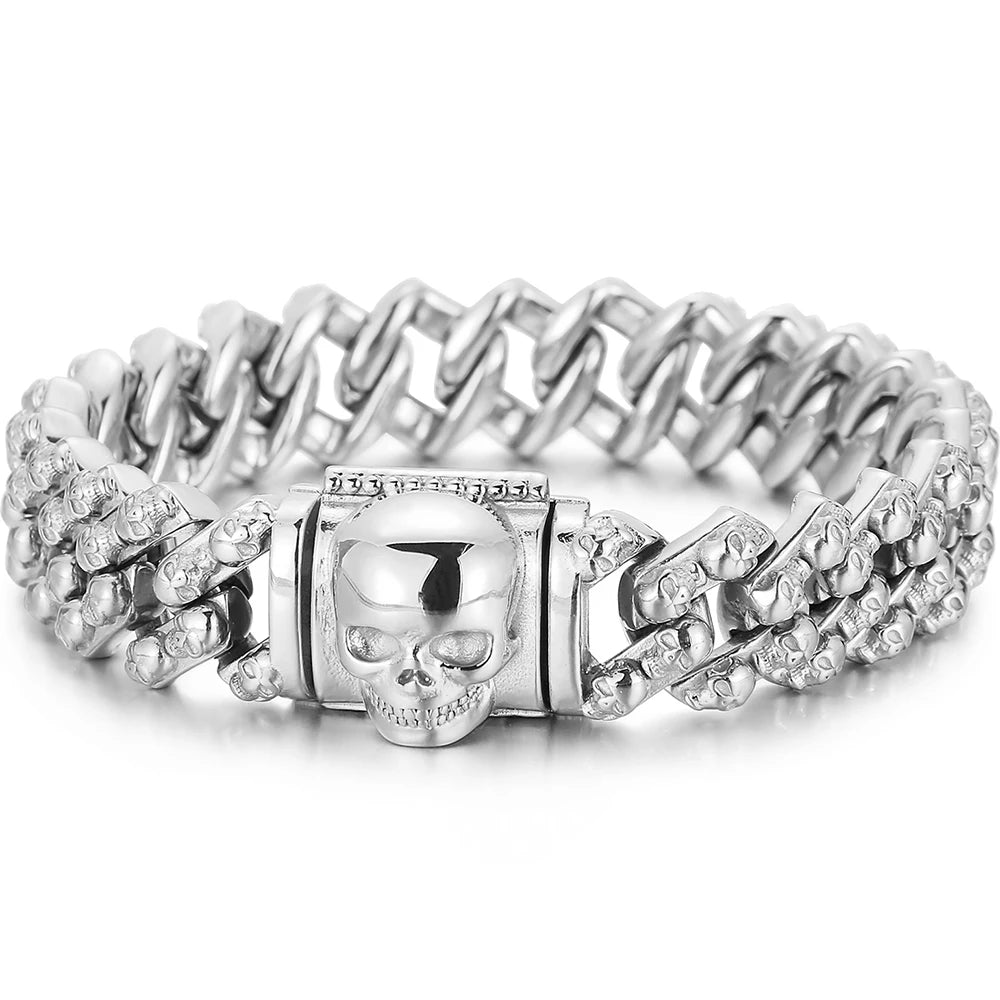 Steampunk Skeleton Man Bracelet Men's Stainless Steel Skull Head Chain Wristband Viking Charm Bangles Halloween Jewelry
