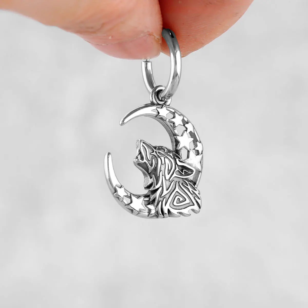 Viking Wolf Head Sleeping Dragon Moon Earrings — Stainless Steel