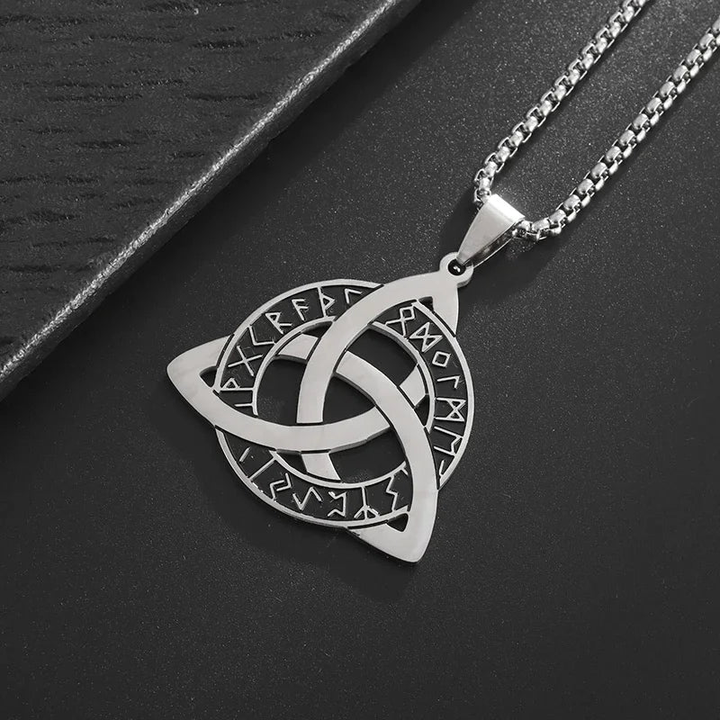 Stainless Steel Trinity Celtic Knot Nordic Rune Pendant Necklace Retro Ethnic Style Irish Knot Lucky Amulet Jewelry for Men