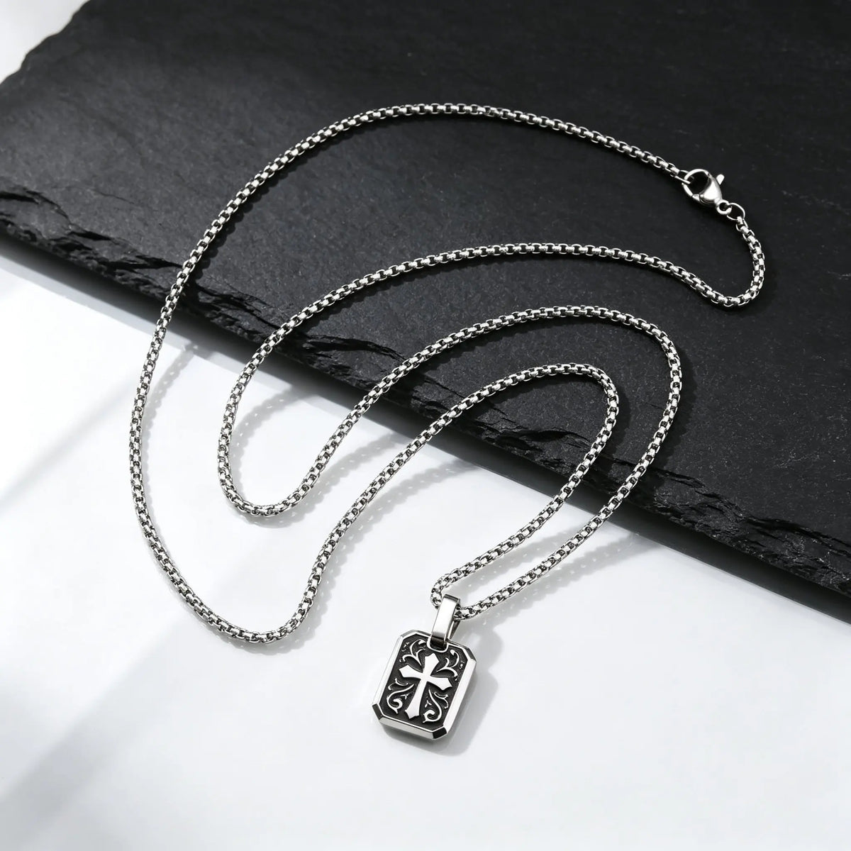 Black Enamel Cross Dog Tag Necklace — Stainless Steel