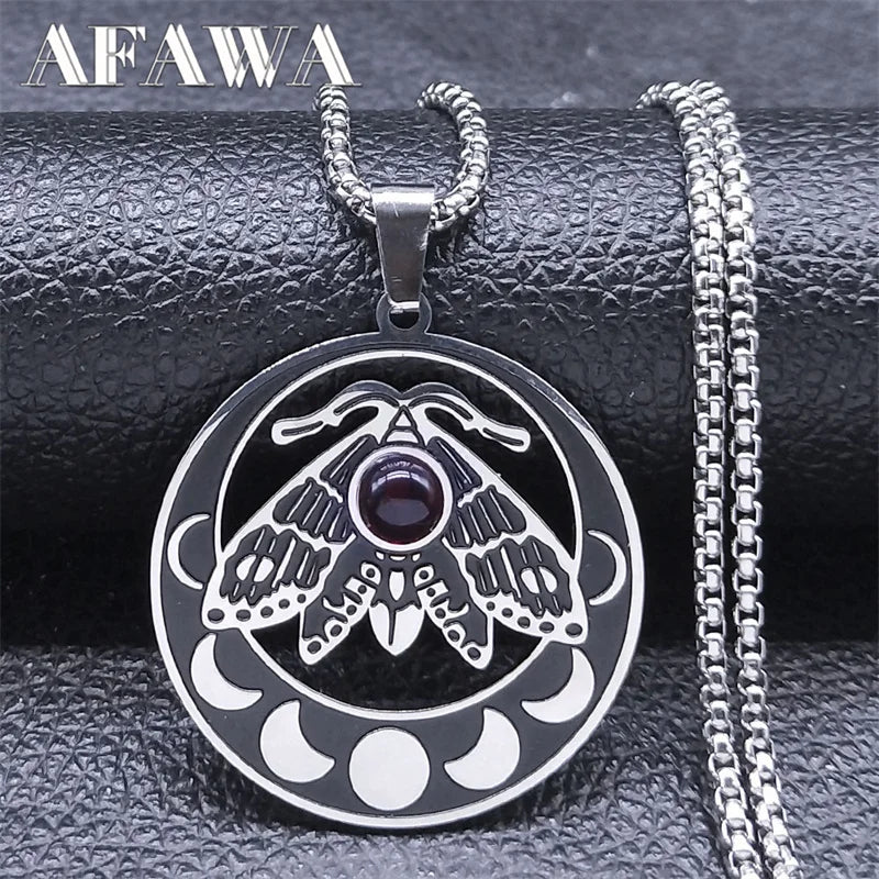 Witch Luna Moth Crescent Necklace for Women Men Stainless Steel Gothic Insect Moon Phase Chain Aesthetic Jewelry colar