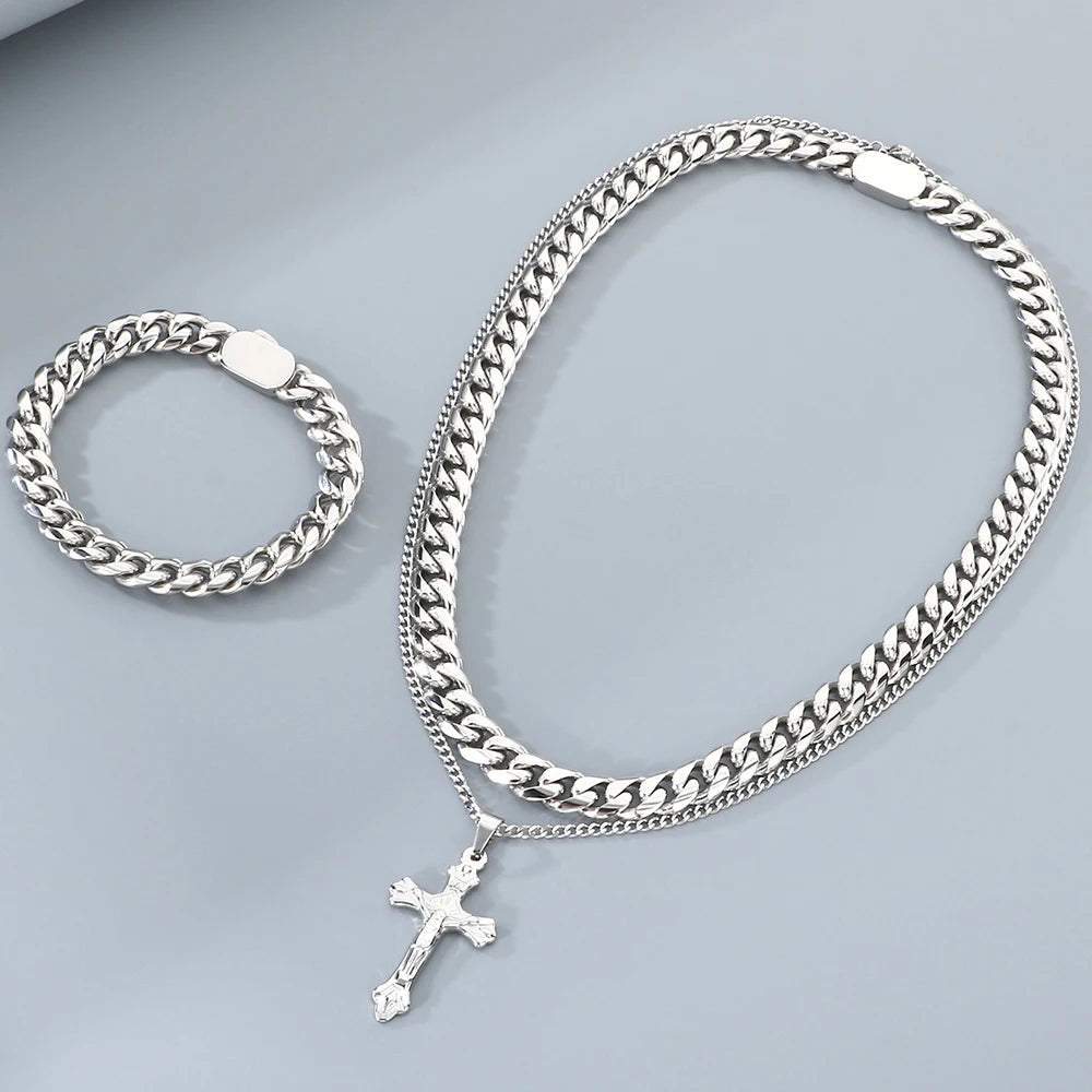 Men's Double Layer Cross Pendant Necklace for Men Gold Color Stainless Steel Cuban Link Chain Necklaces Bracelets
