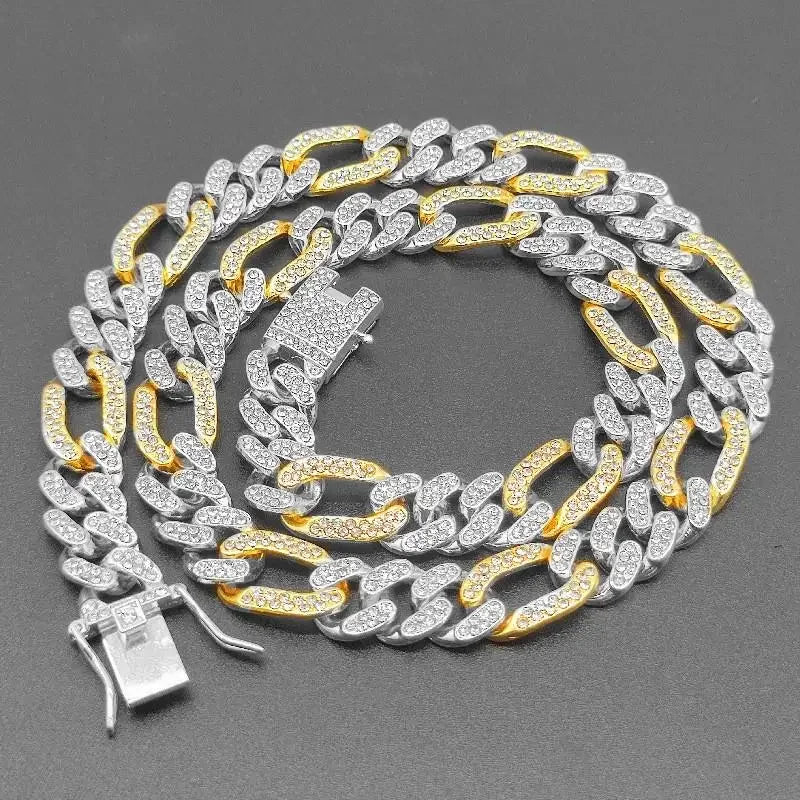 3:1 Figaro Link Chain Choker Necklace For Men Women 2tone Gold Silver Color Iced Out Rhinestones Miami Cuban Hip Hop