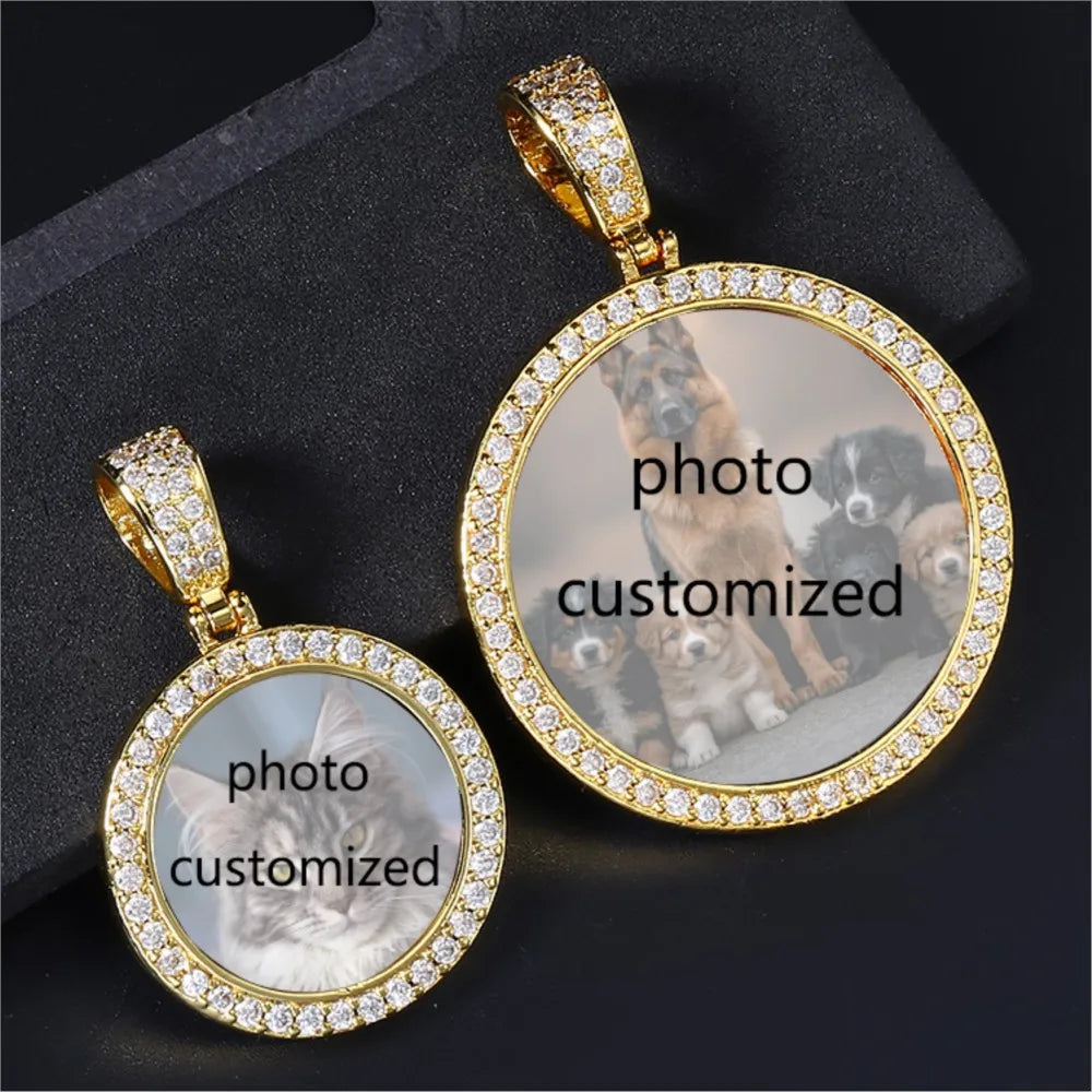 Large Round Photo Customized Pendant Necklace For Women Men Full Zirconia Neck Chain Hiphop Jewelry Memory Couple