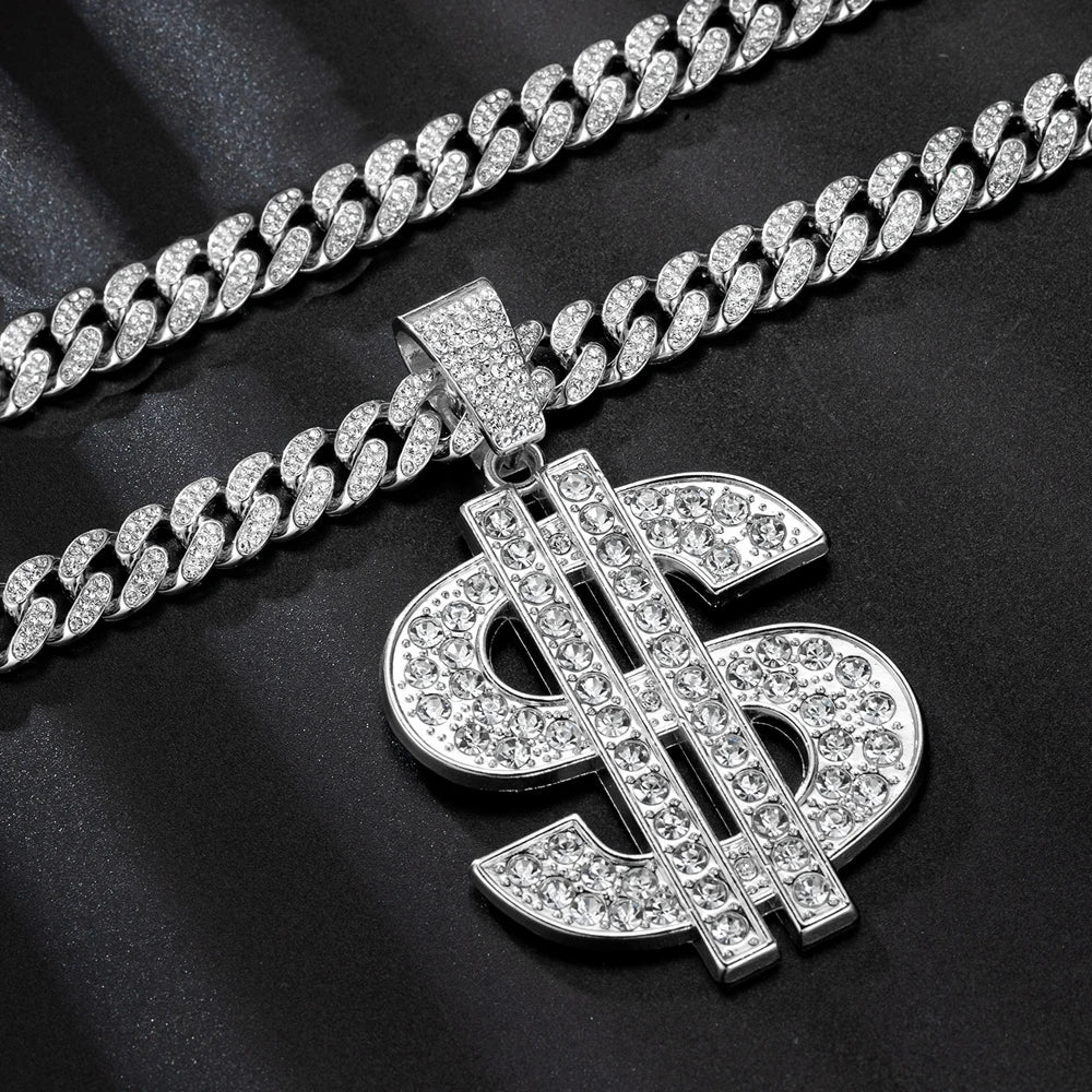 Fashion Hip Hop Dollar Pendant Necklace with 13mm Cuban Chain US Dollar Money Sign Necklaces Rap Rock Punk Jewelry For
