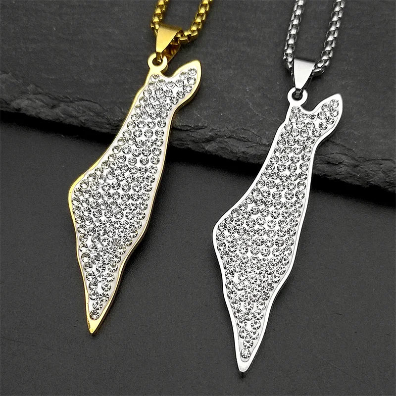 Iced Israel Map Pendant Necklace — Gold-Tone