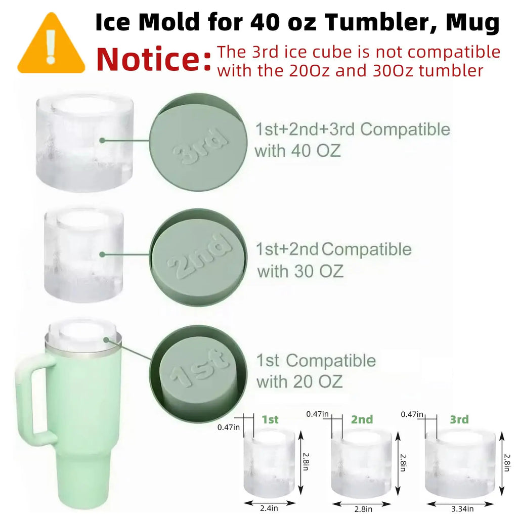 Silicone Ice Cube Maker Tray For Stanley Cup with Lid and Bin for Freezer, 3 Hollow Large Cylinder Ice Cube Mold for